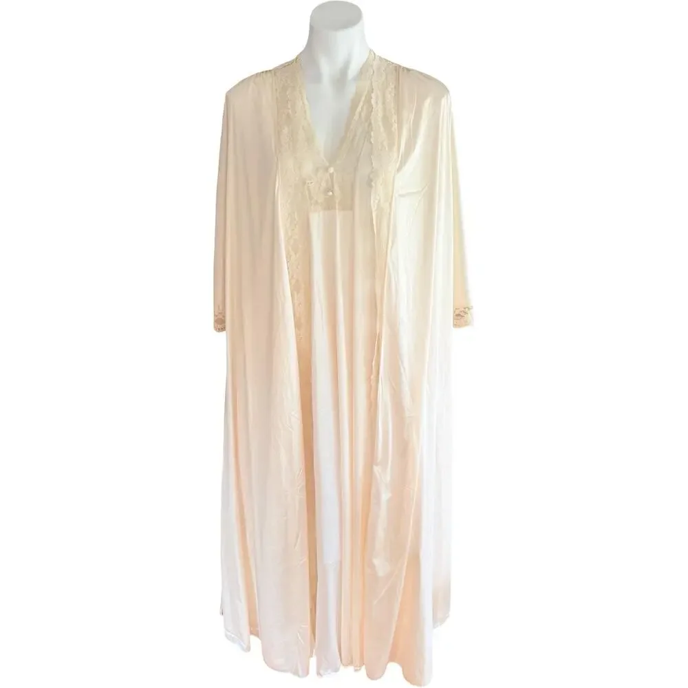 Vintage Val Mode Cream Nylon Peignoir Set Lace Nightgown & Robe Medium 1970s - Picture 6 of 12